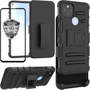 Ailiber Google Pixel 5 Case with Screen Protector, Google Pixel5 Belt Clip Holster, Kickstand Holder Heavy Duty Rugged Full Body Shockproof Armor Protective Pouch Cover for Google Pixel 5 - Black