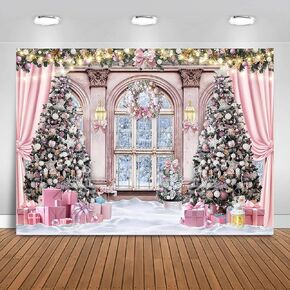 Christmas Backdrop for Photography 7x5ft Christmas Window Snowy Winter Scenery Photography Background Pink Curtain Snowy Forest Outside The Window Family Photo Shoot Booth Props