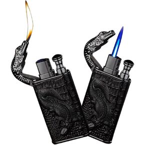 Magic Dual Flame Crocodile Lighter, Torch & Soft Flame Lighter, Creative Windproof Croc Torch Lighter, Cool Dual Jet Flame Butane Lighter, Refillable Butane Lighter for Outdoor Indoor (Blac Nickel)