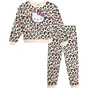 Hello Kitty Girls' Pants Set - 2 Piece Crewneck Sweatshirt and Fleece Pants - Matching Outfit for Girls (2T-12), Size 5-6, White/Aurora Pink