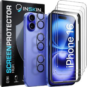 Inskin Tempered Glass Screen Protector for iPhone 16 6.1 inch [2024] - Ultimate 3+3 Bundle with Camera Lens Guard and Auto Alignment Tray - Ultra HD, Case Compatible