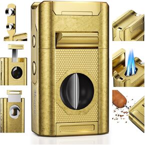 6-in-1 Cigar Torch Lighter, with Straight&V Cigar Cutter, 2 Cigar Punches, Cigar Draw Enhancer, Cigar Holder, Quad Flame Windproof Butane Lighter, Multifunctional Cigar Accessories, Gifts for Men