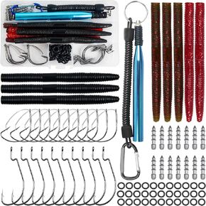 Wacky Rig Worm Fishing Lures Kit, 94pcs Bass Fishing Lures Wacky Rig Kit with Soft Plastic Lures Wacky Rig Tool, O-Rings, Worm Hooks, Nail Fishing Weights for Carolina Texas Rig