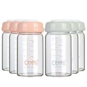 COMI Wide Neck Glass Breastmilk Collection n Storage Bottle, 6oz with Screw Ring Sealing Disk; Re-markable Sealing Disc. BPA Free, Fits Breast Pumps & Nipples (Gray Lids)