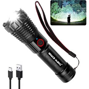 Super Bright Rechargeable Flashlights, High Lumen 500000 Lumens, LED Flashlight with 5 Modes, IP55 Waterproof, Powerful Handheld Flashlight for Camping, Hiking, Emergency