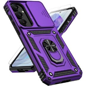 for Samsung Galaxy A55 5G Case with Slide Camera Cover HD Screen Protector [Military Grade 16ft. Drop Tested] Magnetic Ring Holder Kickstand Protective Phone Case for Galaxy A55 5G 2024, Black
