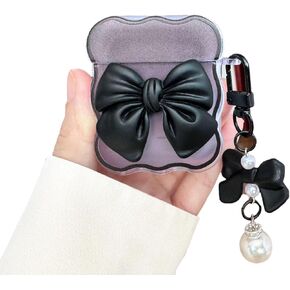 Wireless Earphone Case Cover Compatible with Apple Airpods 2nd 1st Generation Cute Heart-Shaped Bow Shockproof Soft Clear Airpods 2&1 Protector with Keychain for Women Girls (Bow Black)