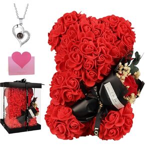 Rose Bear Gifts for Women, Flower Bear Mom Gifts from Daughter.Rose Teddy Bear Birthday Gifrs for Mom Wife Daughter Girlfriend, Flower Bear with Rose Bouquet and I Iove You Necklace（Colour）