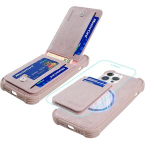MONASAY Magwallet Case Fit iPhone 13 Pro, [Support MagSafe Wireless Charging][Glass Screen Protector] Flip Folio Magnetic Leather Wallet Phone Cover with Detachable Card Holder, Pinksand