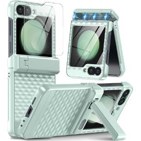 Oterkin for Samsung Galaxy Z Flip 6 Case with [Semi Auto Spring Sliding Hinge Protection][Foldable Invisible Stand][Built-in Front Screen Protector] Military Full Body Guard Z Flip 6 Case (Mint Green)