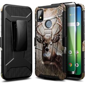 NZND Case for Cricket Icon 4 with Tempered Glass Screen Protector (Maximum Coverage), Belt Clip Holster with Built-in Kickstand, Heavy Duty Protective Phone Case (Deer)