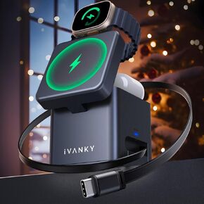 iVANKY for iPhone 16 Pro Max 5 in 1 Wireless Charging Station with Retractable Cable Cord for MagSafe Magnetic Charger, 65W Travel Stand Fast Charge for Apple iWatch Ultra, Airpods
