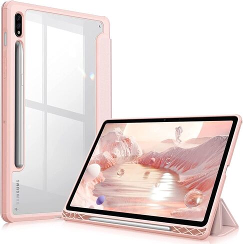 Case for Galaxy Tab S9 Ultra/S10 Ultra 14.6", Hard Crystal Clear Back Shell. Flexible Soft TPU Bumper with Pen Holder-Slim Folding Stand Folio Cover Fits Tab S9 Ultra/S10 Ultra, Pink in Kuwait
