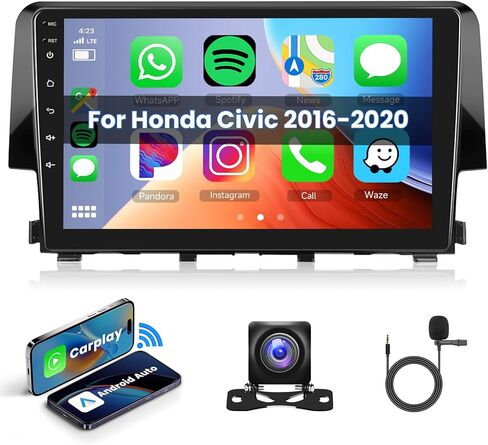 Hodozzy Android Car Stereo لهوندا سيفيك 2016 2017 2018 2019 2020 مع Carplay اللاسلكي Android Auto، 32G 9 بوصة شاشة تعمل باللمس راديو السيارة GPS Bluetooth WiFi، راديو FM RDS، كاميرا احتياطية in Kuwait