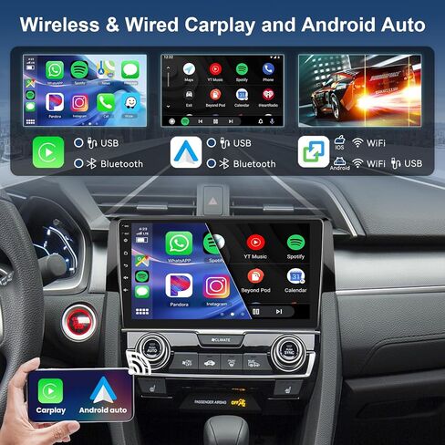 Hodozzy Android Car Stereo لهوندا سيفيك 2016 2017 2018 2019 2020 مع Carplay اللاسلكي Android Auto، 32G 9 بوصة شاشة تعمل باللمس راديو السيارة GPS Bluetooth WiFi، راديو FM RDS، كاميرا احتياطية in Kuwait