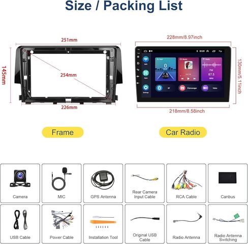 Hodozzy Android Car Stereo لهوندا سيفيك 2016 2017 2018 2019 2020 مع Carplay اللاسلكي Android Auto، 32G 9 بوصة شاشة تعمل باللمس راديو السيارة GPS Bluetooth WiFi، راديو FM RDS، كاميرا احتياطية in Kuwait