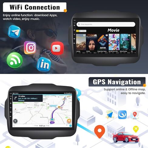 UNITOPSCI 2G+32G Android 13 ستيريو سيارة لسيارة Jeep Renegade 2015-2020 راديو لاسلكي Apple CarPlay Android Auto Mirror Link 9 بوصة بلوتوث HD شاشة لمس GPS FM WiFi USB SWC + ميكروفون كاميرا احتياطية in Kuwait