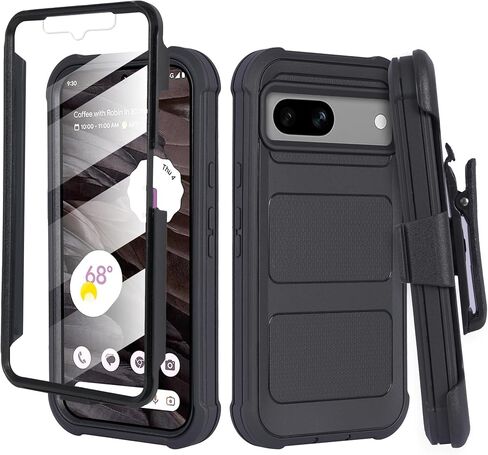 متوافق مع هاتف Google Pixel 8A مدمج لحماية الشاشة ومقاوم للصدمات بطبقة مزدوجة وحافظة متينة بمشبك حزام مع حافظة ومسند (درع أسود) in Saudi Arabia