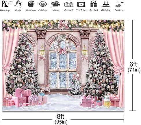 خلفية عيد الميلاد للتصوير الفوتوغرافي 7x5ft نافذة عيد الميلاد مشهد الشتاء الثلجي خلفية التصوير الفوتوغرافي ستارة وردية غابة ثلجية خارج النافذة صورة عائلية تبادل لاطلاق النار كشك الدعائم in Kuwait
