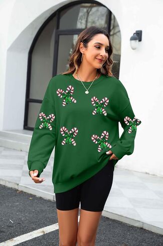 LUKYCILD كنزات عيد الميلاد للنساء سترة كريسماس مطرزة بالترتر سباركلي لطيف سانتا كم طويل بلوفر بياقة دائرية in Saudi Arabia