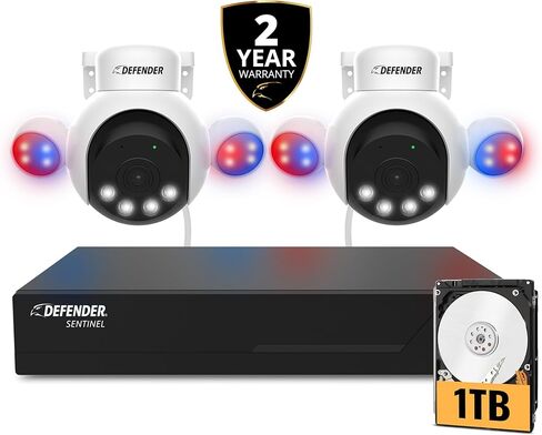 نظام كاميرا أمان سلكي يعمل بالذكاء الاصطناعي Defender Sentinel 4K PTZ مع كاميرتين PTZ، 1 تيرابايت NVR، تتبع AI بزاوية 360 درجة، اكتشاف بشري ذكي، ضوء وامض أزرق وأحمر، رؤية ليلية ملونة، ضمان لمدة عامين in Saudi Arabia