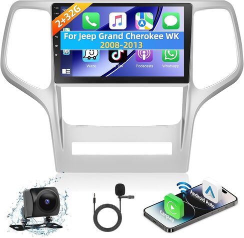 Podofo [2+64G] راديو ستيريو للسيارة لسيارة Jeep Grand Cherokee WK 2008-2013 مع CarPlay Android Auto 9 بوصة تعمل باللمس وصوت بلوتوث مع نظام تحديد المواقع العالمي (GPS) ومرآة وصلة WiFi RDS Hi-Fi وكاميرا احتياطية وميكروفون in Saudi Arabia