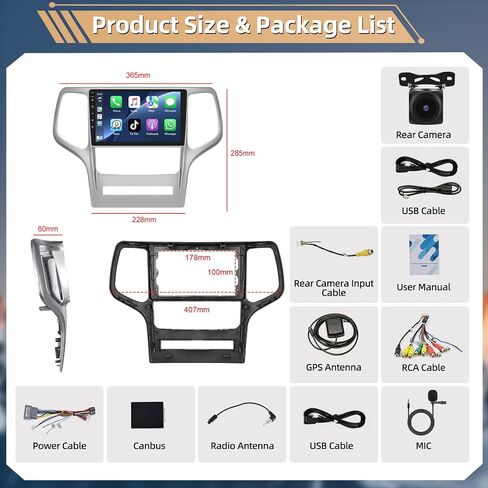 Podofo [2+64G] راديو ستيريو للسيارة لسيارة Jeep Grand Cherokee WK 2008-2013 مع CarPlay Android Auto 9 بوصة تعمل باللمس وصوت بلوتوث مع نظام تحديد المواقع العالمي (GPS) ومرآة وصلة WiFi RDS Hi-Fi وكاميرا احتياطية وميكروفون in Saudi Arabia