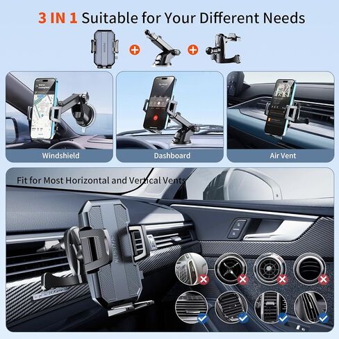 Car Phone Holder Mount, Strongest Suction Cell Phone Car Mount for Dashboard&Windshield&Vent Car Mount for iPhone and Android Phone in Saudi Arabia