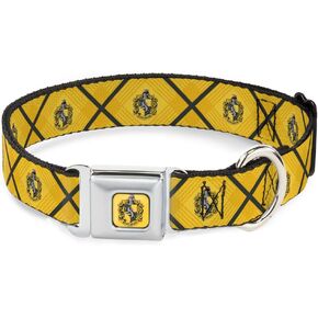 Dog Collar Seatbelt Buckle Harry Potter Hufflepuff Crest Plaid Yellows Gray 11 to 16.5 Inches 1.0 Inch Wide