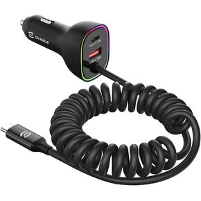 90W Car Charger USB C for iPhone 16 Pro, PD & QC3.0 Type C Coiled Cable 4ft, Fast Car Charger Adapter for iPhone 15 Pro Max Plus, for Samsung Galaxy S24/S23/S22
