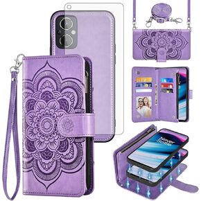 Asuwish Phone Case for OnePlus Nord N20 5G Zipper Wallet Cell Cover with Tempered Glass Screen Protector Strap Flower Card Holder Slot One Plus N 20 G5 1 Plus 20N 1plus One+ 1+ N205G Women Girls Blue