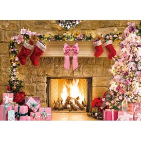 7x5ft Pink Christmas Fireplace Backdrop for Photography Brick Wall Fireplace Pink Christmas Tree Bow Tie Decorations for Xmas Party Supplies Christmas Photo Background for Pictures