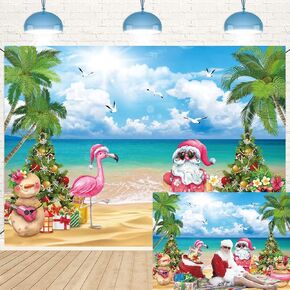 July Christmas Backdrop Tropical Flamingo Palm Tree Hawaiian Photography Background 7×5FT Summer Beach Santa Claus Party Decoration Supplies Photo Props