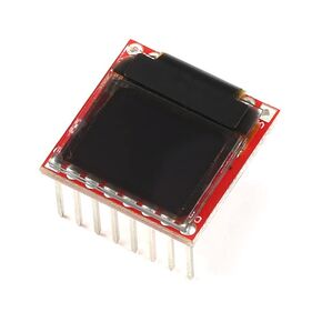 SparkFun Micro OLED Breakout (with Headers) Screen Size: 64x48 Pixels (0.66" Across) Monochrome Blue-on-Black, SPI or I2C Interface, Pre-soldered headers, Operating Voltage: 3.3V