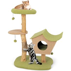 Tangkula Cat Tree, Solid Wood Cat Tower with Jute Scratching Post, Cat Condo, Perch, Jingling Ball, Multi-Layer Cat Activity Center, Modern Cute Cat Tree for Indoor Cats