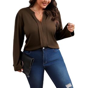 Women's Plus Size Tops V Neck Pleated Front Shirts Trendy Casual Business Tunic Long Sleeves Fall Blouse in Kuwait