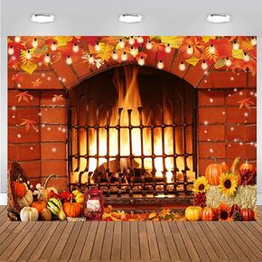 CHAIYA 7X5FT Thanksgiving Photography Backdrop Thanksgiving Fireplace Background Sunflower Maple Leaves Pumpkins Fall Photo Backdrop Thanksgiving Birthday Party Decorations