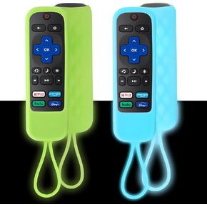 2 Pack Case for Roku Express/Streaming Stick/Premiere - Silicone Remote Cover for TCL Hisense Roku TV Remote (Glow Green+Glow Blue)