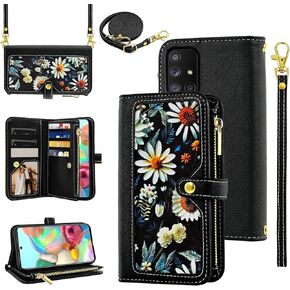 Floral Wallet Case for Samsung Galaxy A71 5G with Wrist Strap Shoulder Strap Flip Zipper Purse, Luxury PU Leather Card Holder Stand Accessories Cell Phone Cover for A 71 G5 71A S71 Women Black