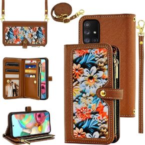 Floral Wallet Case for Samsung Galaxy A71 5G with Wrist Strap Shoulder Strap Flip Zipper Purse, Luxury PU Leather Card Holder Stand Accessories Cell Phone Cover for A 71 G5 71A S71 Women Black