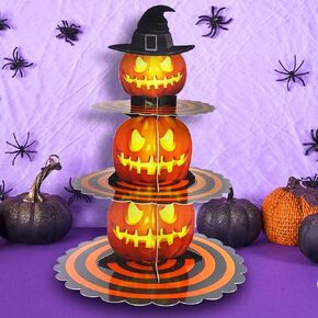 3-Tier Halloween Cupcake Stand for Dessert Table, Halloween Cat Cupcake Tower Halloween Tray Orange Black Cardboard Cake Dessert Stand for 24 Cupcakes Carnival Halloween Party Decorations