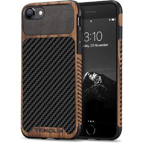 TENDLIN Compatible with iPhone SE 2022 Case (3rd Gen)/iPhone SE 2020 Case (2rd Gen)/iPhone 8 Case/iPhone 7 Case Wood Grain with Carbon Fiber Texture Design Leather Hybrid Slim Case Black