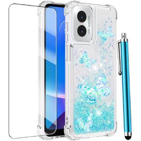 for Moto G Play 2024 Case with Screen Protector, Women Girls Glitter Bling Liquid Floating Cute Phone Case Slim TPU Soft Silicone Shockproof Girly Cover for Motorola G Play 2024-Blue Butterfly