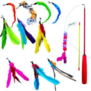 Cute Meows pet Supplies Sparkling Custom Stick Toy Colorful Interactive Cat Toys, 12 Pieces Cat Feather Toy with 10 Replacement Heads, 1 Telescopic Rod and 1 Teasing Stick for Play and Exercise