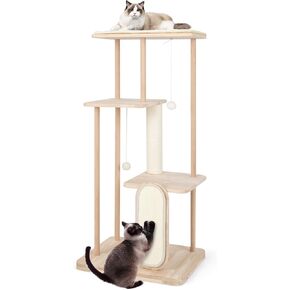 Tangkula Wooden Cat Tree, 50 Inch Tall Cat Tower with Solid Oak & Beech Wood Frame, Scratching Posts & Board, Perch, Pompom Ball, Cat Activity Center, Modern Cat Tree for Indoor Cats Large Adult