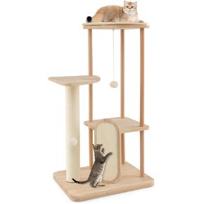 Tangkula Wooden Cat Tree, 50 Inch Tall Cat Tower with Solid Oak & Beech Wood Frame, Scratching Posts & Board, Perch, Pompom Ball, Cat Activity Center, Modern Cat Tree for Indoor Cats Large Adult