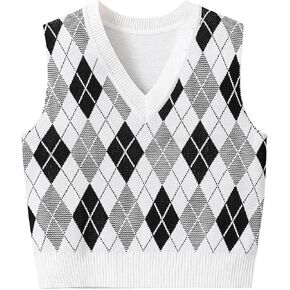 Milumia Girl's Heart Geo Argyle V Neck Sweater Vest Sleeveless Crop Tops Knitwear