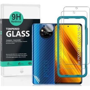 Ibywind Screen Protector For Xiaomi Poco X3/X3 Pro,with 2Pcs Tempered Glass,1Pc Camera Lens Protector,1Pc Backing Carbon Fiber Film [Fingerprint Reader,Easy to install]