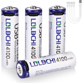 4100mWh Rechargeable Lithium AA Batteries 4 Pack, 1.5V USB Double A Size Lithium Battery with 4-in-1 Charging Cable, 1000 Cycles, 2H Fast Charging