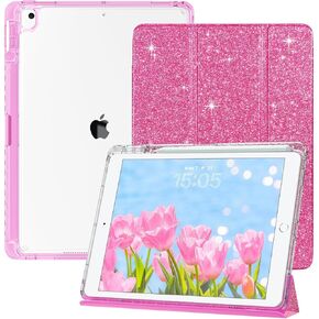 حافظة VENINGO iPad الجيل التاسع، حافظة iPad 8th/7th Gen، حافظة iPad 10.2 2021/2020/2019، ظهر شفاف لامع مع حامل قلم رصاص يدعم النوم التلقائي / الاستيقاظ غطاء لوحي واقٍ متين، وردي فاقع